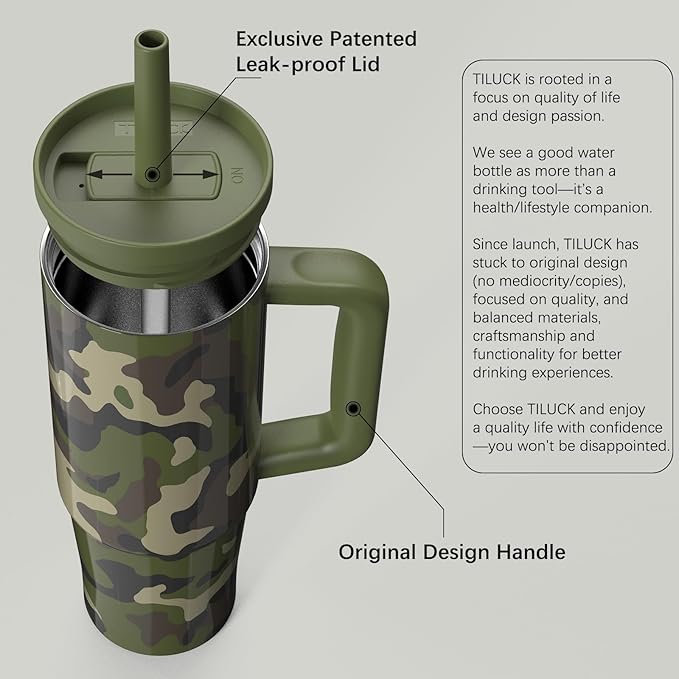 TILUCK 30 oz Tumbler with Handle, Vacuum Insulated Stainless Steel Travel Mug with 100% Leak-Proof Silicone Straw Lid, Cupholder Friendly Water Bottle(Camouflage, 30oz)