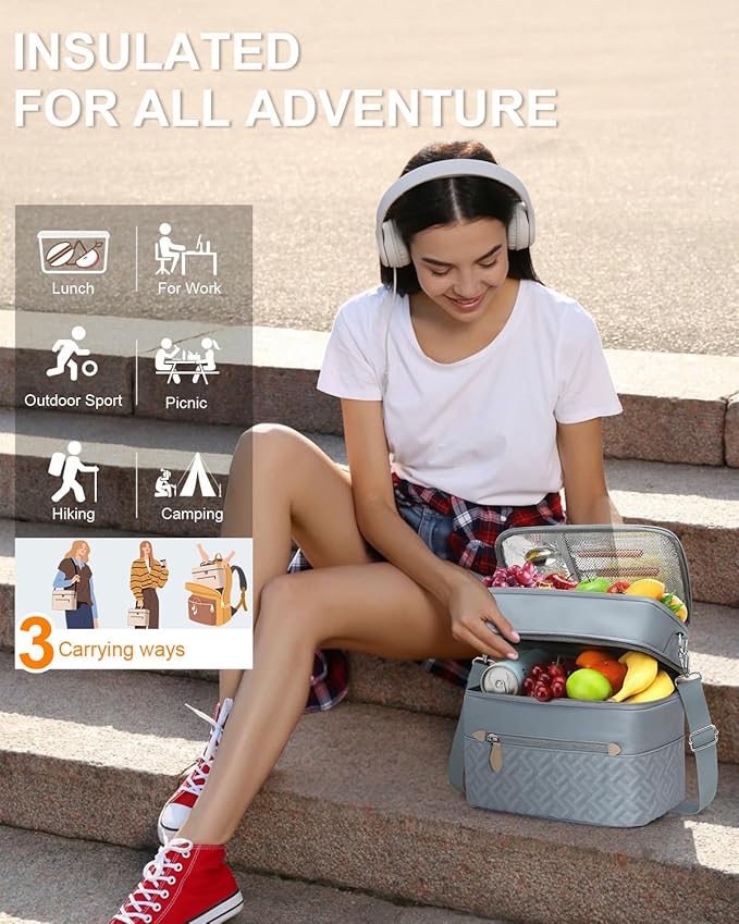 Capolo Lunch Box for Women Men Adults,Double Deck Insulated Lunch Bag Leakproof Lunch Cooler Box with Removable Strap Lunch Tote Bags Reusable Thermal Lunchbox for School Work Picnic(Large,Blue)