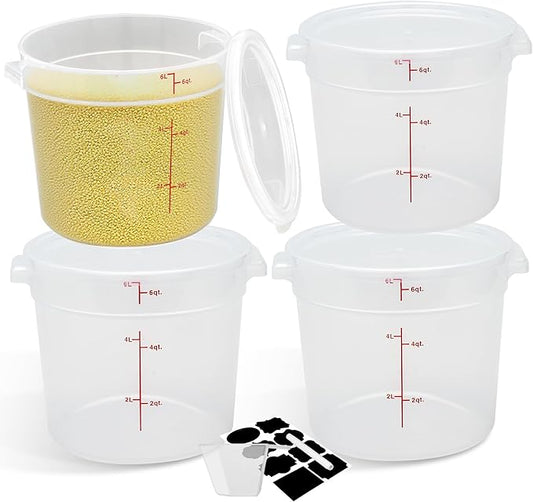 4 Pack Round Food Storage Containers with Lids, 6Qt Translucent Food Containers, Polypropylene, BPA Free, Includes Labels & Measuring Cups