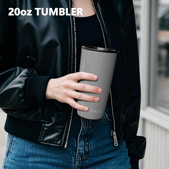 TILUCK 20 oz Tumbler with Leak-Proof Lid, Vacuum Insulated Stainless Steel Coffee Mug, Double-Walled Travel Tumbler for Hot and Cold Drinks(GlitterGray, 20oz)