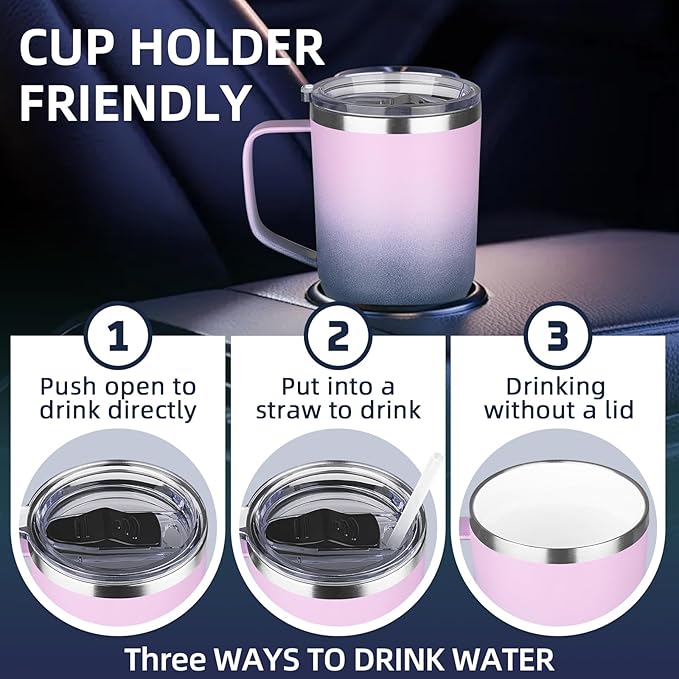 20 oz Insulated Coffee Mug with Ceramic Coating, Stainless Steel Travel Mug Tumbler with Handle Lid and Straw, Double Wall Leak-Proof Coffee Travel Mug Keeps Drink Hot and Cold (Purple blue)