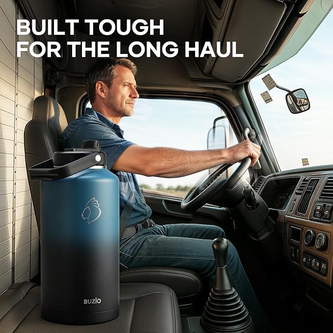 BUZIO 2 Gallon Water Bottle Insulated, (Cold for 48 Hrs) 256oz Extra Large Water Jug Stainless Steel, 4.4in Big Wide Mouth Leak Proof Metal Flask with Handle for Camping,Work,Travel, Indigo Black