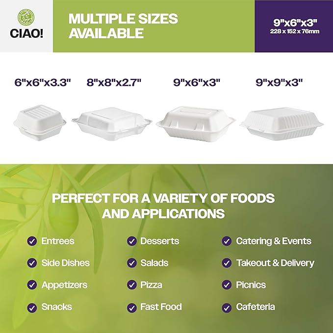CIAO! 9"X6"X3" Clamshell 1 Compartment 100% Compostable Ecofriendly PFAS Free Unbleached Bagasse Natural White (250/case)