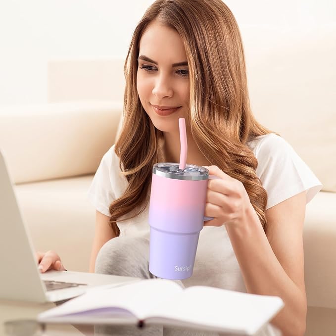 Sursip 24 oz Insulated Cup with Handle, Double Wall Vacuum Stainless Steel Tumbler with Straw and 2 Lids, For Cold/Hot Drinks, Coffee Travel Mug for Car/Home/Office/Party/Camping (Pink＆Purple-1 Pack)