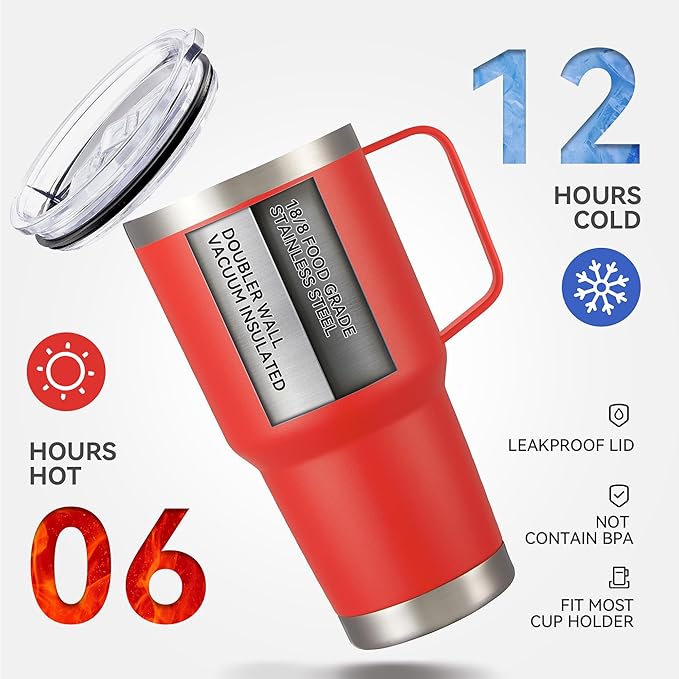 30 oz Tumbler with Handle and Lid, Stainless Steel Tumblers Bulk Double Wall Vacuum Insulated Travel Mug Leak Proof Cup Keep Drinks Cold and Hot Red, 8 Pack