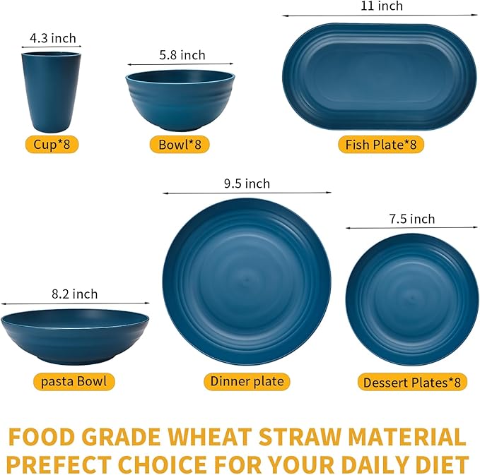 Lazycorner 48-Pcs Kitchen Wheat Straw Dinnerware Set, Service for 8, Plastic Reuasble Dinner Dishes Serving Plate Set for Kitchen, Including Dinner Plate, Dessert Plate, Bowl, Cup(Multicolor)
