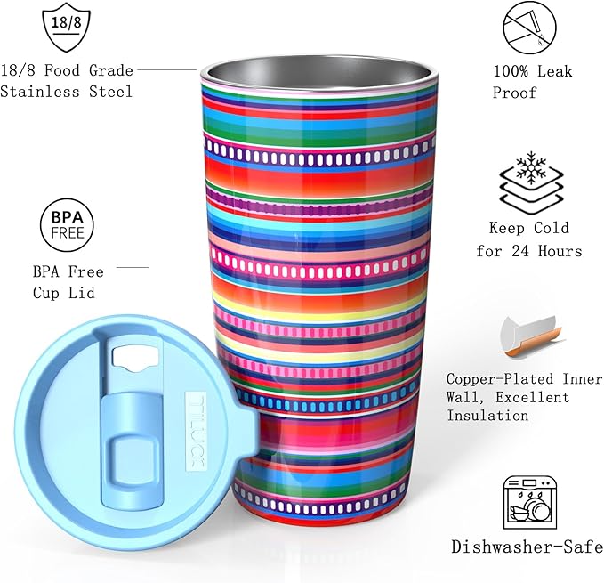 TILUCK 20 oz Tumbler with Leak-Proof Lid, Vacuum Insulated Stainless Steel Coffee Mug, Double-Walled Travel Tumbler for Hot and Cold Drinks(RainbowStripes, 20oz)