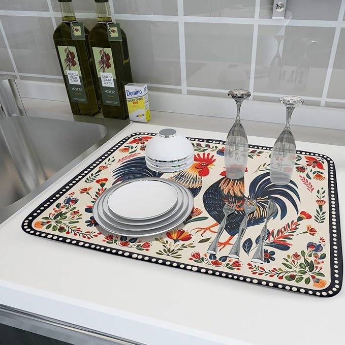 Rooster Poultry Dish Drying Mat for Kitchen Counter 18x24 Inch Microfiber Absorbent Colorful Printing Drying Pad