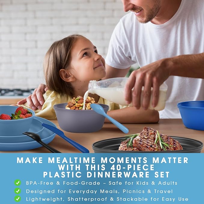40-Piece Unbreakable Kids Dinnerware Set for Toddlers & Children, BPA-Free & Easy-Clean PP Plates and Bowls, Microwave & Dishwasher Safe, Complete Family Pack (Service for 8)