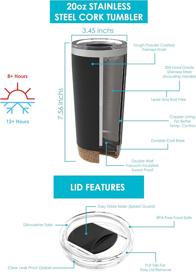 COOL GEAR Cork Bottom Coffee Mug Tumbler - American Designed - Stainless Steel - Dishwasher Safe - Copper Lined - BPA-Free Lid - 2 Pack - 16oz - Ebony