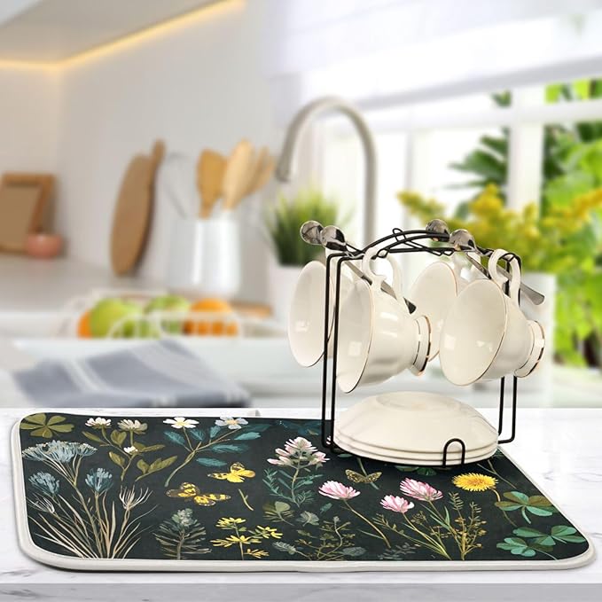 Wildflowers and Grasses Dish Drying Mat for Kitchen Counter Super Absorbent Dishes Pad Reversible Microfiber Protector Dish Draining Mats 18x24 inch