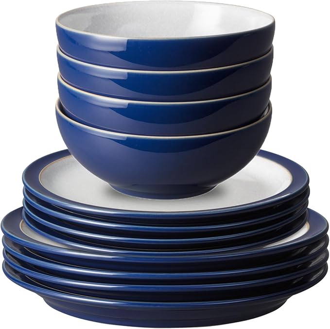 Denby - Elements Dark Blue Dinner Set For 4-12 Piece Simple Ceramic Stoneware Tableware Set - Dishwasher Microwave Oven Safe - Scratch Chip Resistant