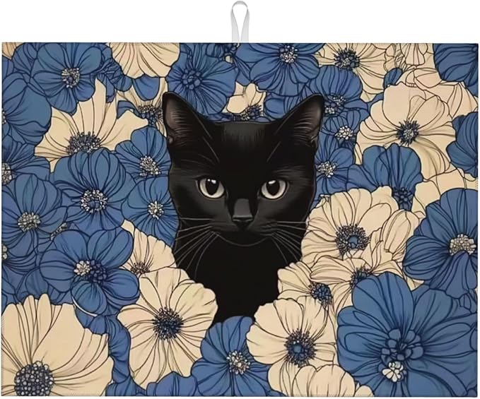 Black Cat Dish Drying Mat for Kitchen Counter Microfiber Super Absorbent Non-Slip Dish Drying Pad for Countertops Dishes Utensils Stylish Quick-Dry Machine Washable 18x24 Inch