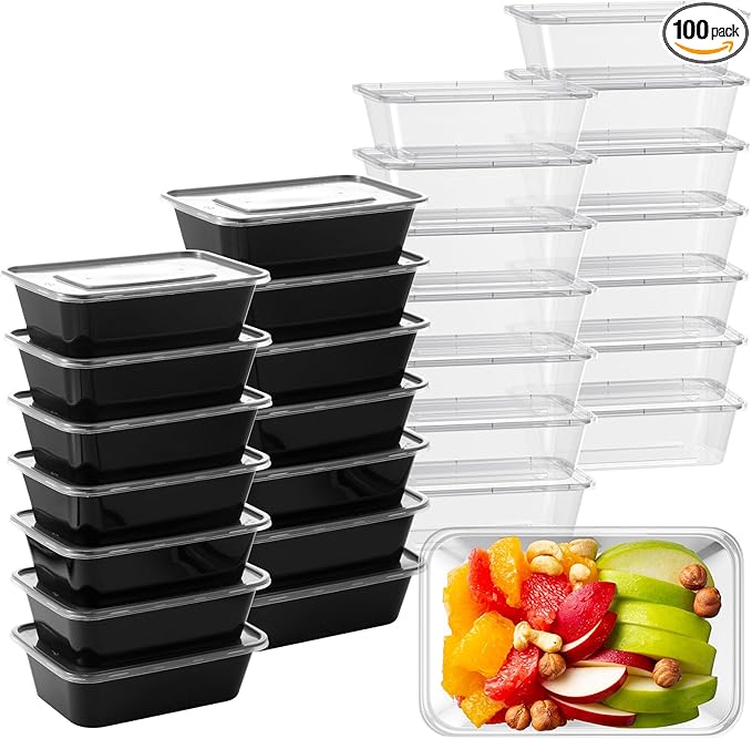 Sawysine 100 Pcs Plastic Meal Prep Containers Food Storage Containers Reusable Lunch Bowls with Lid Stackable Disposable Lunch Boxes 1 Compartment Bento Box (Black and White,25oz)