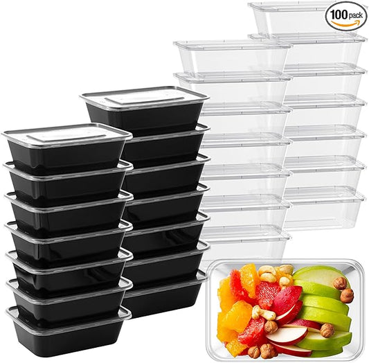 Sawysine 100 Pcs Plastic Meal Prep Containers Food Storage Containers Reusable Lunch Bowls with Lid Stackable Disposable Lunch Boxes 1 Compartment Bento Box (Black and White,25oz)