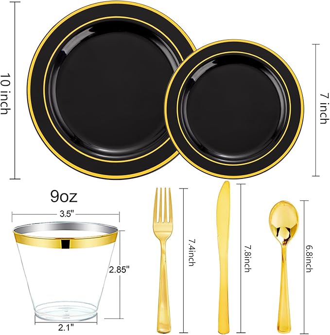 bUCLA 600PCS Black and Gold Disposable Dinnerware Set - Black Plastic Plates Disposable for Party Include 100 Dinner&100 Dessert Plates,100 Knives,100 Forks,100 Spoons,100 Cups for Party & Halloween