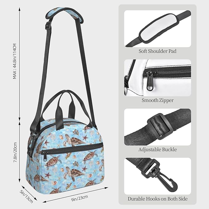 Sea turtles Reusable Insulated Lunch Box Waterproof Lunch Bag with Detachable and Adjustable Shoulder Strap for Office Picnic or Travel