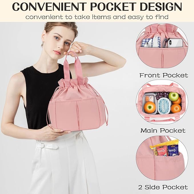 VS VOGSHOW Lunch Bag Women Cute Insulated Drawstring Lunch Bag 16 Cans Large Capacity Lunch Box for Work, Picnic, Outdoor (Pink)