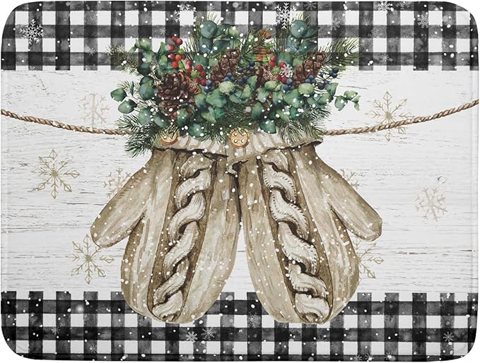 Christmas Dish Drying Mat for Kitchen Counter 18x24 Inches, Xmas Winter Glove Snowflake Buffalo Checked Plaid Microfiber Absorbent Dishes Drainer Rack Pads under Sink