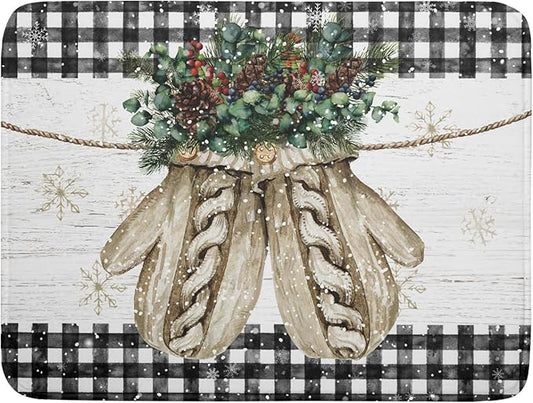 Christmas Dish Drying Mat for Kitchen Counter 18x24 Inches, Xmas Winter Glove Snowflake Buffalo Checked Plaid Microfiber Absorbent Dishes Drainer Rack Pads under Sink