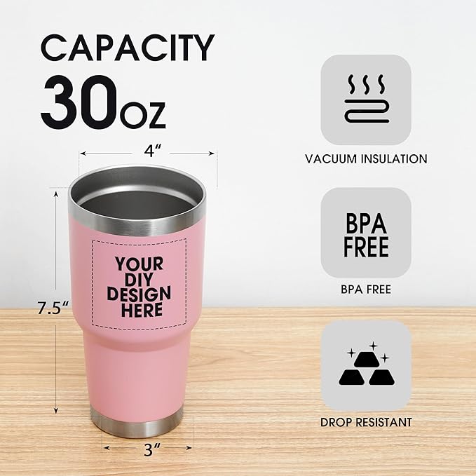 Personalized Custom Tumbler Print in USA 30oz Stainless Steel Coffee Cup with Lid & Straw Double Wall Insulated Tumbler with Colorful Text Logo Photo