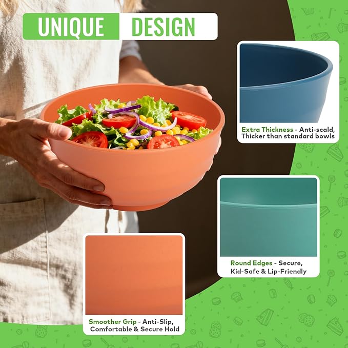 Wheat Straw Bowls 60 OZ, Unbreakable Large Salad Bowl Set of 6, Microwave and Dishwasher Safe Big Bowls for Kitchen, Camping, Picnic, RV, Serving Bowl Set for Ramen, Cereal, Soup - Multi