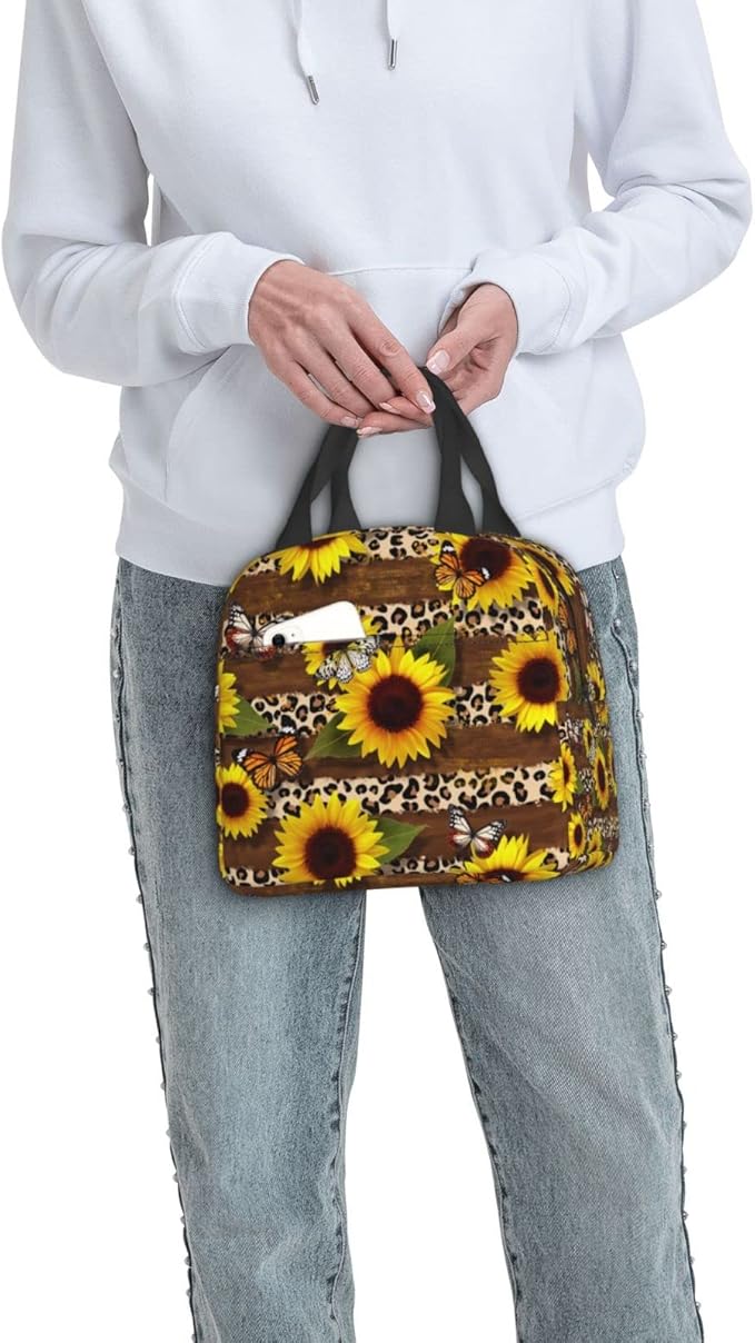 Butterflies Lunch Bag Leopard Print Sunflower Insulated Lunch Box for Women Men Reusable Lunch Tote for Office Work Picnic Hiking