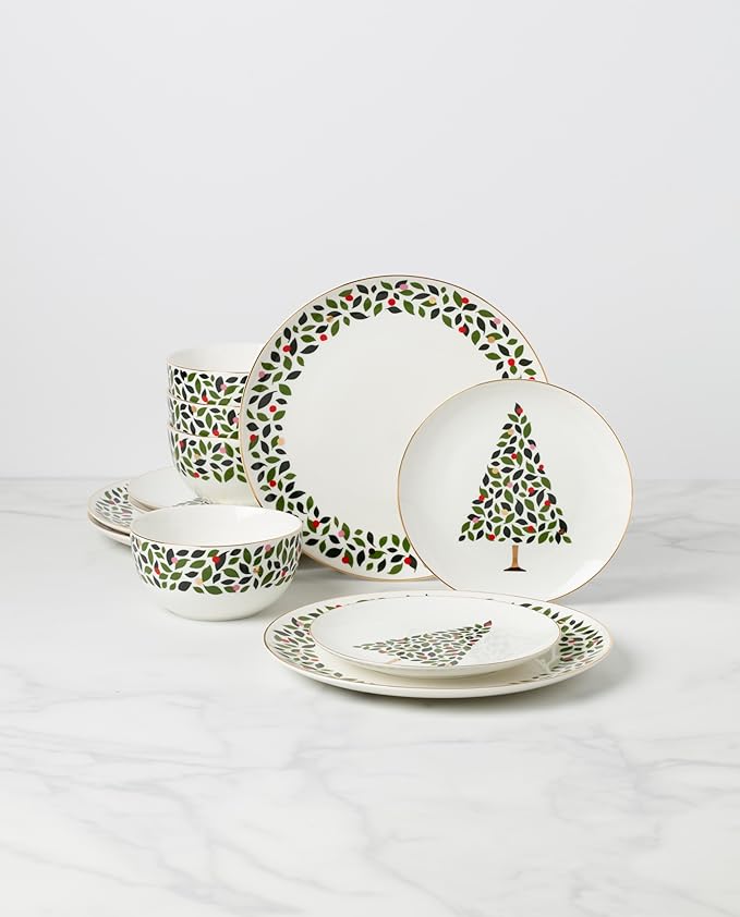 kate spade new york Evergreen 12-Piece Dinnerware Set, 12 Count, Ivory, Christmas, Holiday Hosting