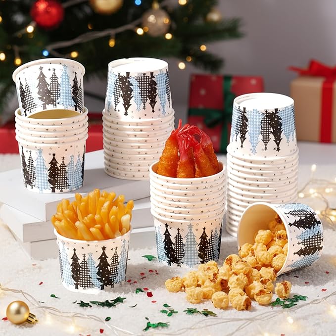 50 Pack Christmas Tree Treat Snack Cups Blue Gingham Buffalo Plaid Paper Ice Cream Cups 9 oz Xmas Tree Disposable Dessert Bowls for Hot or Cold Food Winter Xmas Holiday Party Supplies