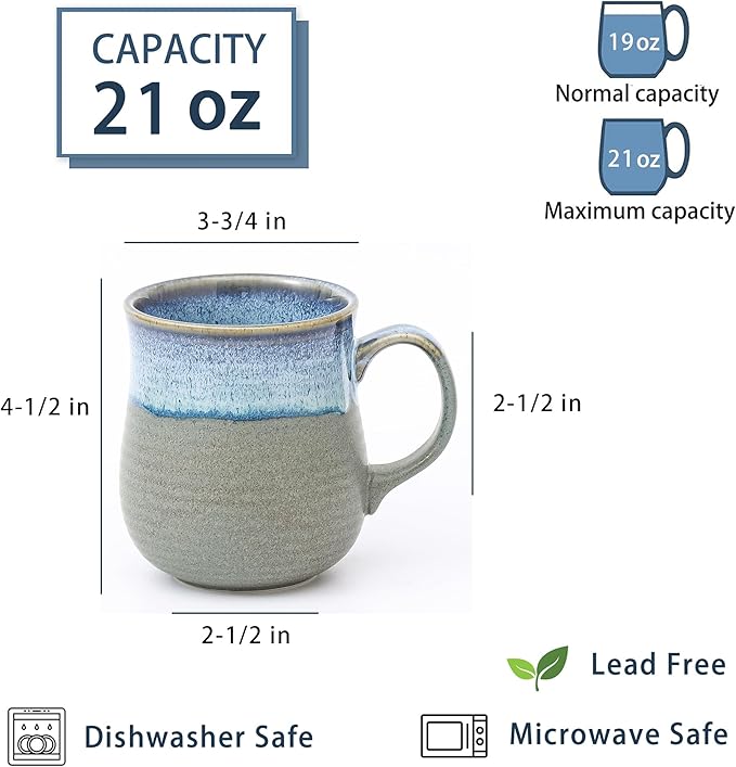 21 oz Large Ceramic Coffee Mugs, Pottery Mug Handmade, Ceramic Tea Cups with Handle for Office and Home, Dishwasher and Microwave Safe (Blue Grey)