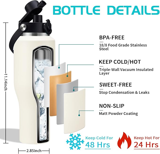 40 OZ Water-Bottle Fit Car Cup-Holder - Double Wall Vacuum Insulated Thermal with Lid and Straw, Stainless Steel Cup 40oz with Carrying Case, for Travel Drive