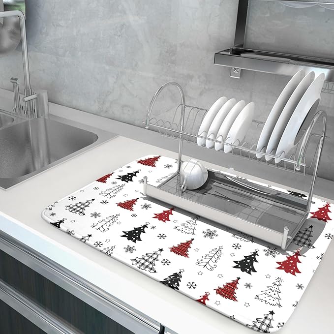 Xmas Dish Drying Mat for Kitchen Counter Black White Trees Festival Microfiber Absorbent Dish Draining Reusable Washable Foldable Extra Large 18"x24"