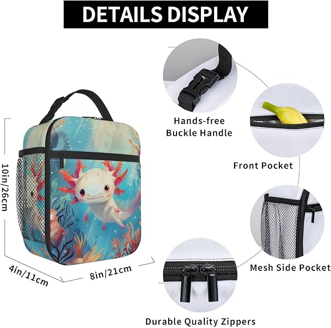 Axolotl Lunch Box for Women Men, Insulated Lunch Box Reusable Portable Lunch Bag Cooler Tote Waterproof Lunch Container for Office Picnic Work Travel