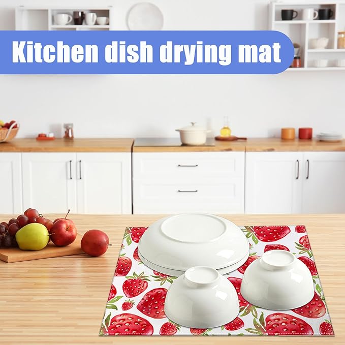 Strawberry Dish Drying Mat for Kitchen Counter Drying Pad Absorbent Reversible Dish Drainer Rack Mats Draining Pad 18"x24"Inch