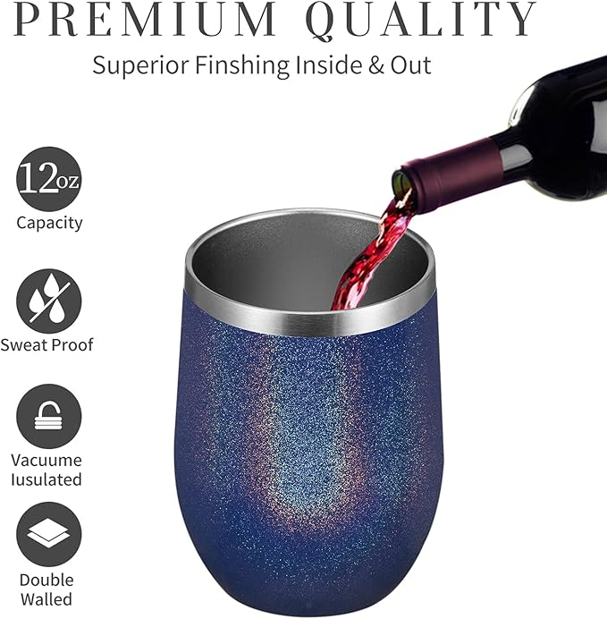 MEWAY 12oz/8 Pack Wine Tumbler Glasses with Lid - Stemless Double Wall Vacuum Stainless Steel Glitter Tumbler - Keeping Cold & Hot Cup for Coffee,for Women(Rainbow Navy,Set of 8)