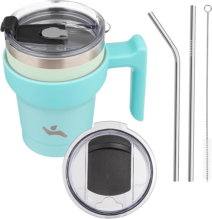 10 oz Tumbler with Handle and 2 Straw 2 Lid, Insulated Water Bottle Stainless Steel Vacuum Cup Reusable Travel Mug, Mint