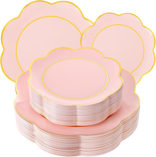 WONDERFUL 60pcs High-End Pink Plastic Plates - Disposable Heavy Duty Pink Plates with Gold Rim Plastic Disposable Plate for Party Wedding/Birthday/Bridal Shower/Upscale Banquet Suitable for 30 Guests