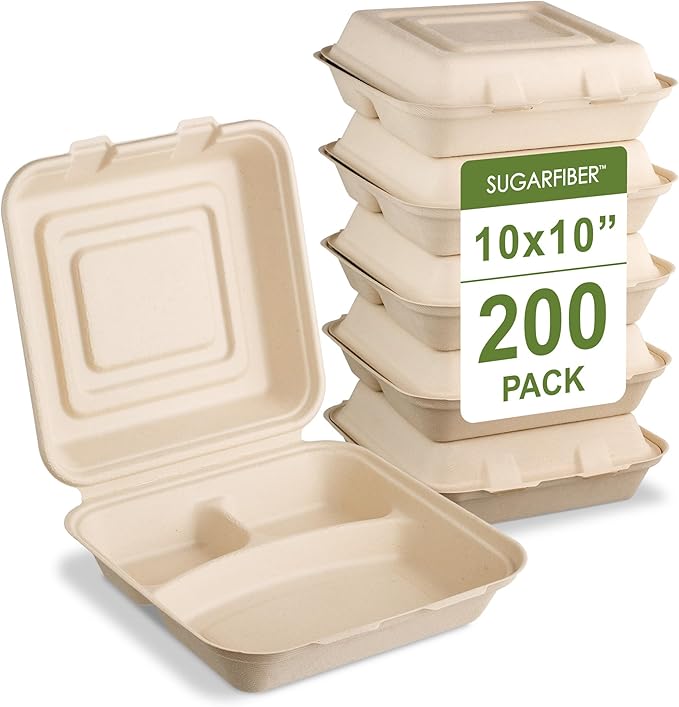 [200 COUNT]Harvest Pack 10 X 10" Compostable Clamshell Take Out Food Containers, 3 Compartment Clamshell Heavy-Duty Hinged Container, Disposable Divided Bagasse Eco-Friendly Natural to go Box
