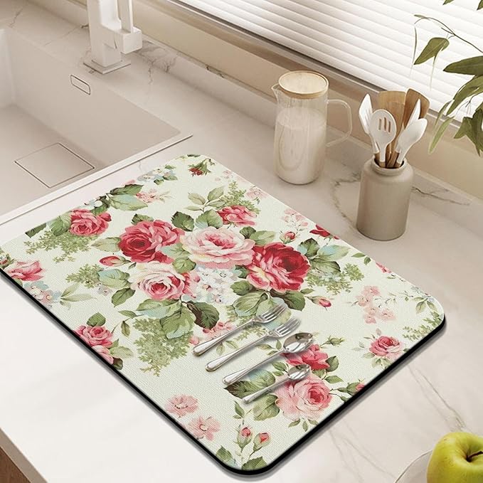Rubber Dish Drying Mat for Kitchen Counter Large Red Roses Floral Washable Quick Home Coffee Pad Fit Under Sink,Bar,Utensils or Stemware (24x18in)