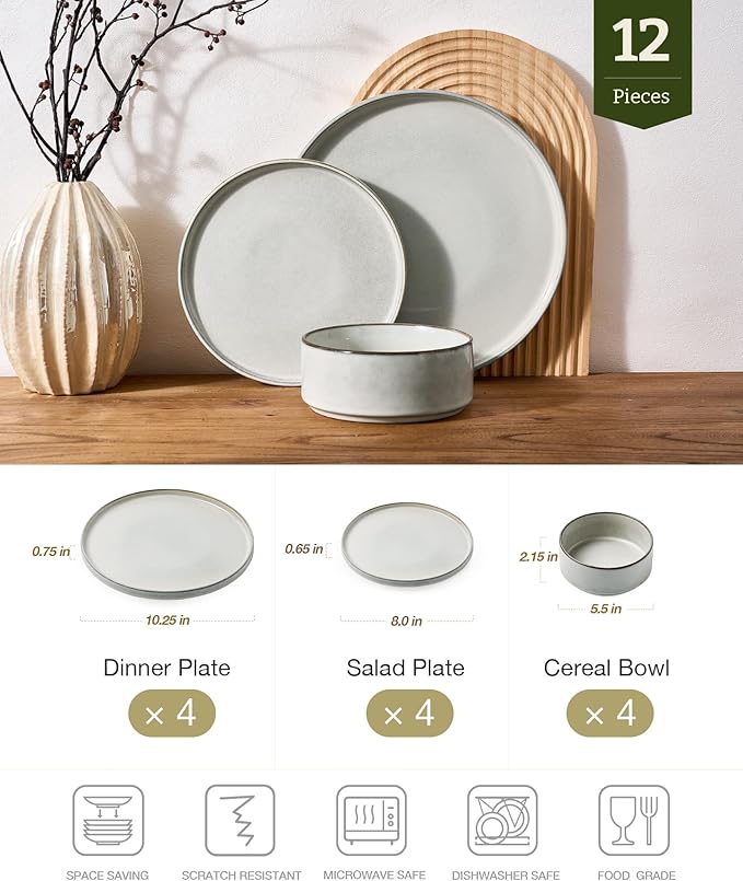 Famiware Annecy Plates and Bowls Sets, 12 Pieces Dinnerware Sets, Microwave and Dishwasher Safe Dishes Set for 4, Chip and Scratch Resistant, Grey-White