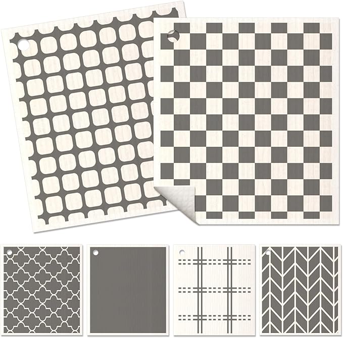 6 Pack Swedish Dishcloths for Kitchen - Reusable Dish Cloths for Washing Dishes Absorbent Cute Funny Kitchen Towels Cleaning Sponge, Grey Checked
