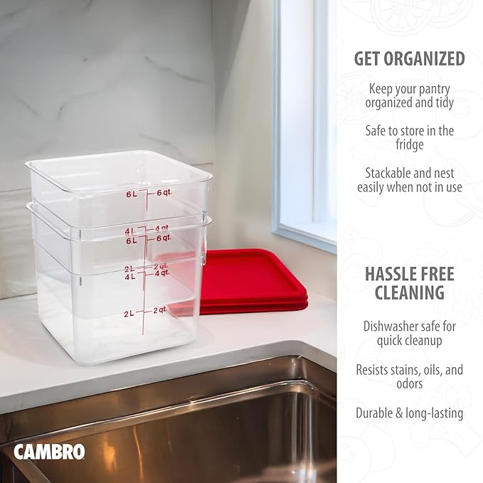 Cambro Food Storage Container with Lid (2 Pack) - Classic Series Square with Red Lid - 6 QT (Quart) - Commercial Grade for Food Prep (Clear)