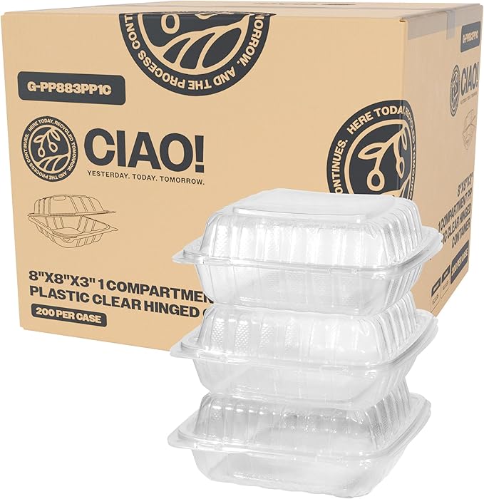 CIAO! 8"x8"x3" 1 Compartment PP Plastic Clear Hinged Container for Take Out (Case of 200)