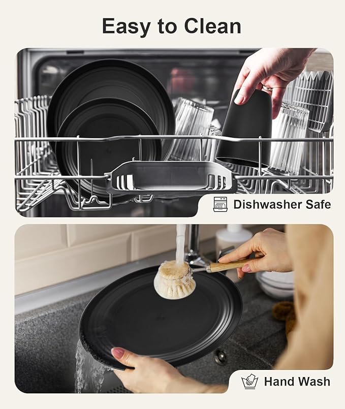 Quatish 32 Piece Plates and Bowls Sets for 8, Unbreakable Dinnerware Sets, Plastic Dish Set for Camping, Dishwasher Microwave Safe, Outdoor Kitchen and Apartment Dinning RV Essentials, Black