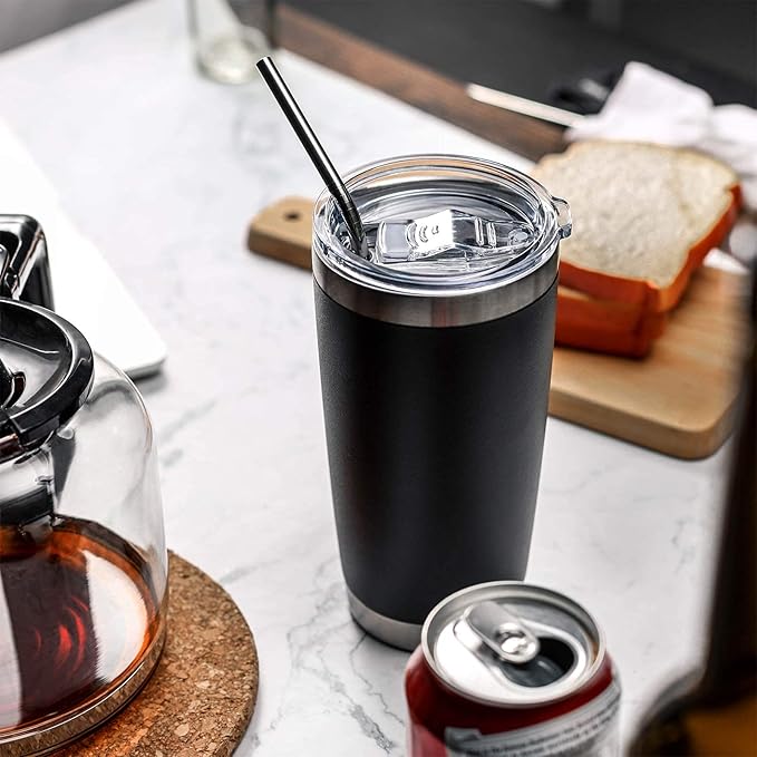 COMOOO 20oz Black Tumbler 4 Pack Stainless Steel Insulated Travel Mug with Lid and Straw Vacuum Double Wall Coffee Cup for Hot Beverage and Cold Drinks(Black, 4 Pack)