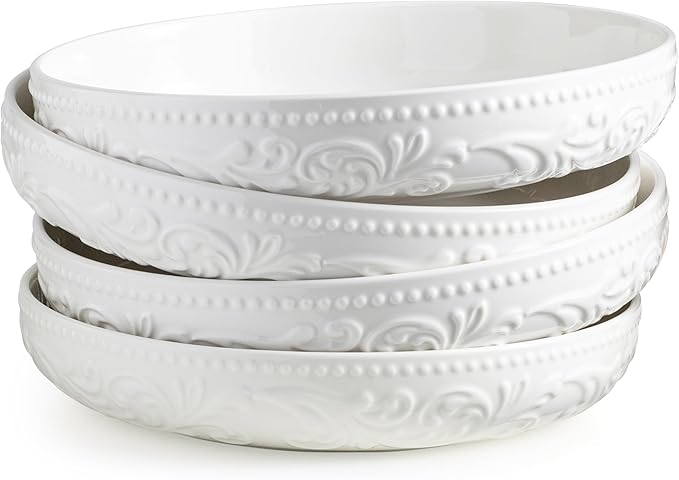YHOSSEUN Ceramic Pasta Bowls Set of 4, 50 OZ Large Salad Serving Bowl, 9.75" Pasta Plates Shallow Bowl Plate, Microwave Dishwasher Safe, Embossed Morning Glory