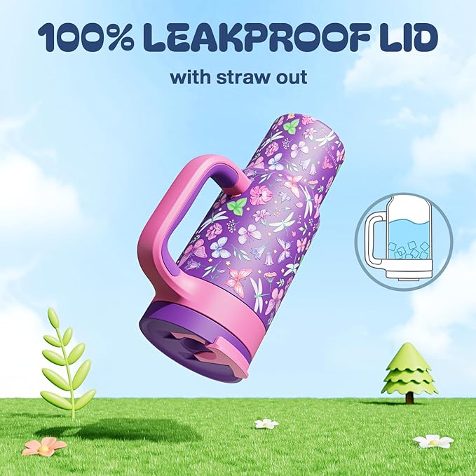 24 oz Insulated Tumbler for Kids: Spill-Proof, 2-in-1 Straw Lid, Cold for 26 Hrs, Stainless Steel Cup with Handle for School, Camping, Gift, Daily, Outdoor, Trip, Travel, Vacation (Butterfly Field)