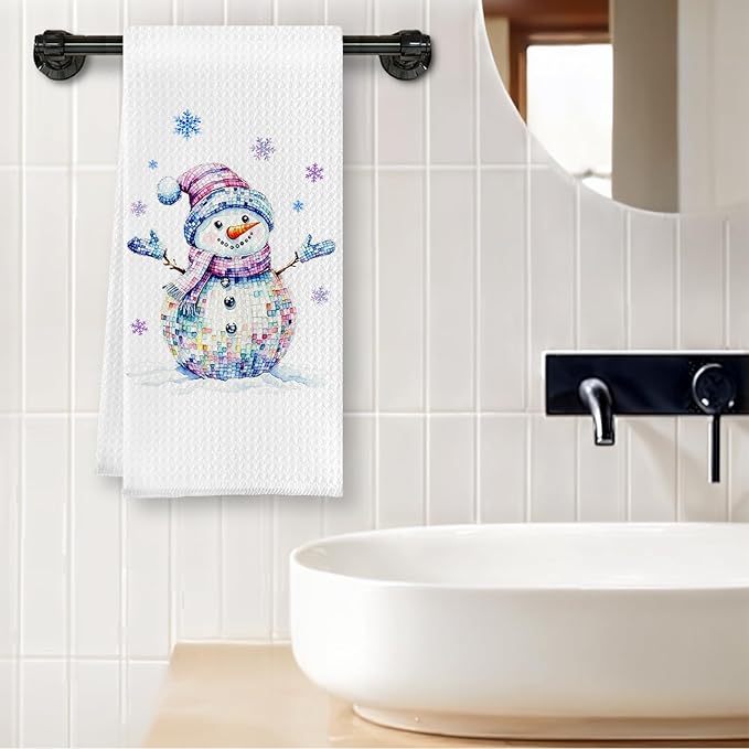 Trendy Disco Snowman Winter Kitchen Towels, Glitter Christmas Snowman Dish Tea Towels, Holiday Winter Snowflake Christmas Decorative Hand Towel for Kitchen Bathroom, 16x24 Inch