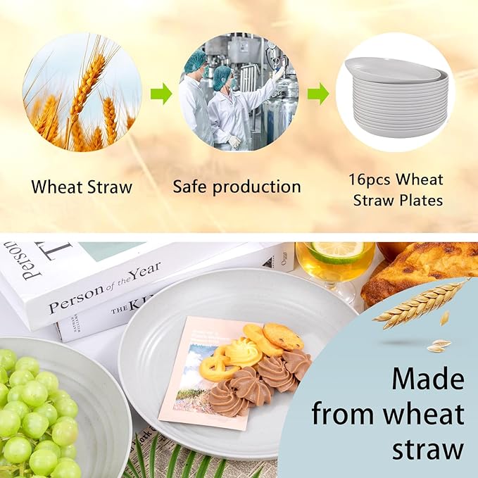 Supernal 16pcs Grey Wheat Straw Plates,Hard Plastic Plates Reusable,Unbreakable Dinner Plates,Reusable Plastic Plates,Deep Dinner Plates,Dishwasher & Microwave Safe for Camping, Picnic