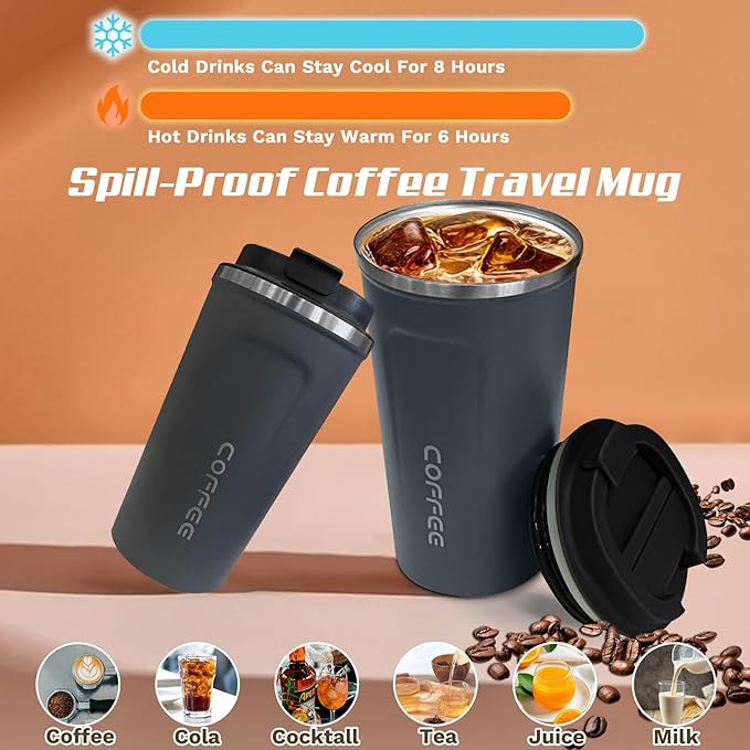 Travel coffee mugs leak-proof, reusable coffee cups with lids, stainless steel vacuum thermos coffee tumblers,thermal insulation cups for men and women hot & cold drinks(2nd-Blue, 12OZ)